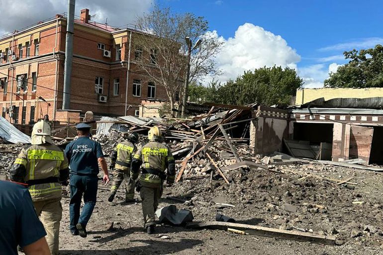 This photo released by Telegram Channel of Rostov-on-Don Region Governor Vasiliy Golubev shows the site of an explosion in Taganrog, Russia, Friday, July 28, 2023.