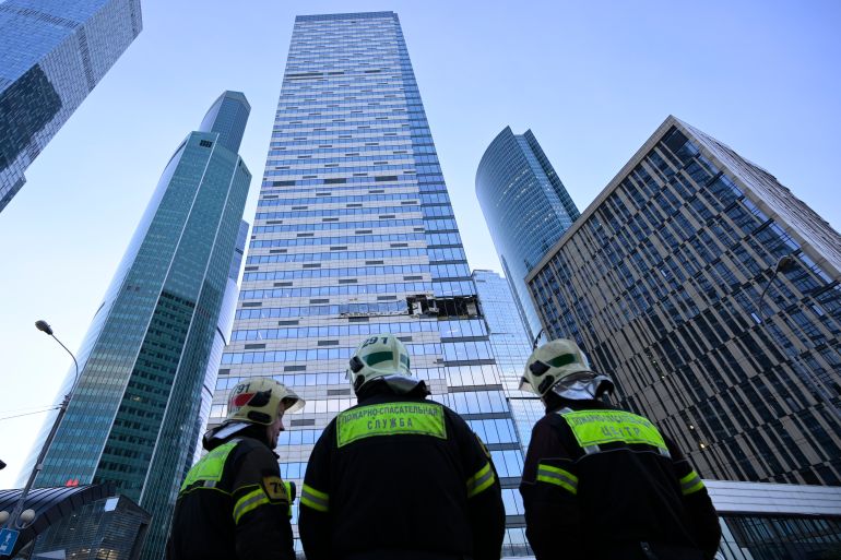 A view of the damaged skyscraper in the 'Moscow City' business district after a reported drone attack in Moscow, Russia, early Sunday, July 30, 2023.