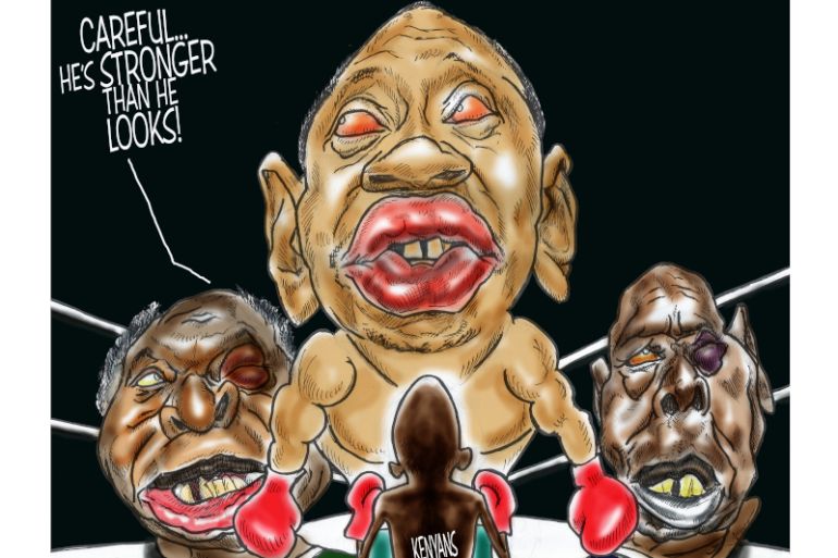 Desenho animado de Patrick Gathara mostrando líderes quenianos enfrentando o povo queniano no ringue de boxe