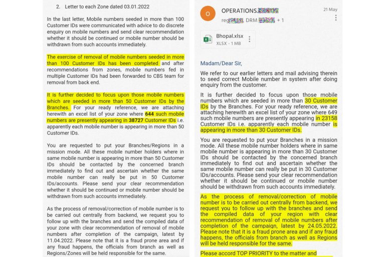 In emails sent in April (left) and May (right) last year, a regional office in Bank of Baroda’s Bhopal zone asked branches to examine the authenticity of mobile numbers that stood linked with more than 30 and more than 50 accounts.