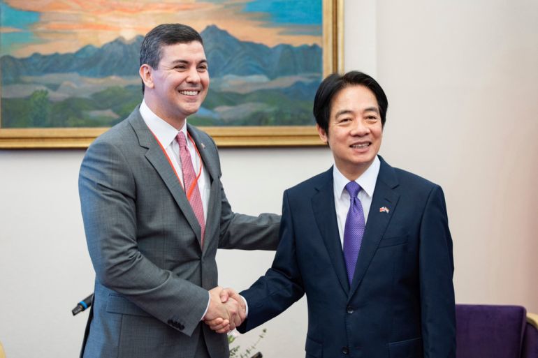 Taiwan's Vice President in William Lai [right] meets with Paraguayan president-elect Santiago Pena