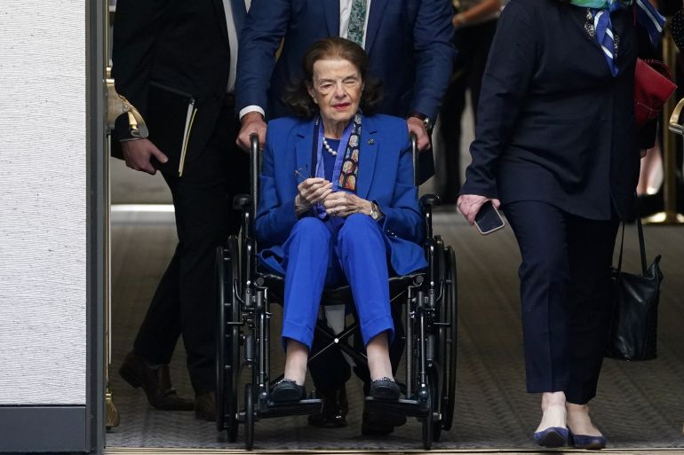 US Senator Dianne Feinstein (D-CA) is brought to a Senate Judiciary Committee executive business meeting to vote on legislation and pending nominations before the committee, on Capitol Hill in Washington, US, May 11, 2023.