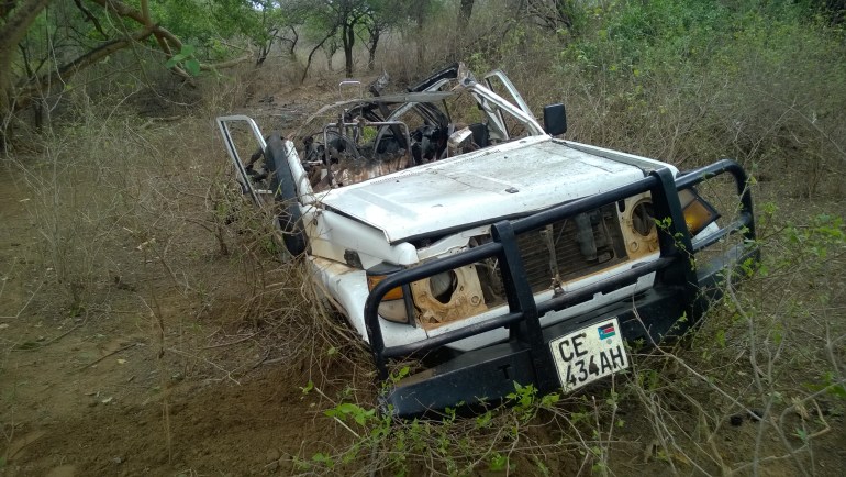 Sebuah kendaraan yang terlibat dalam kecelakaan ranjau Ant Tank di daerah Kapoeta, Sudan Selatan pada tahun 2016