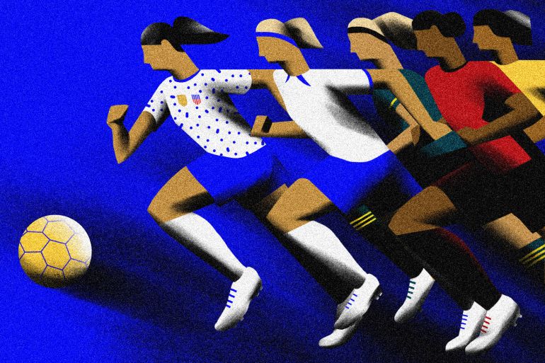 An illustration of five female football players
