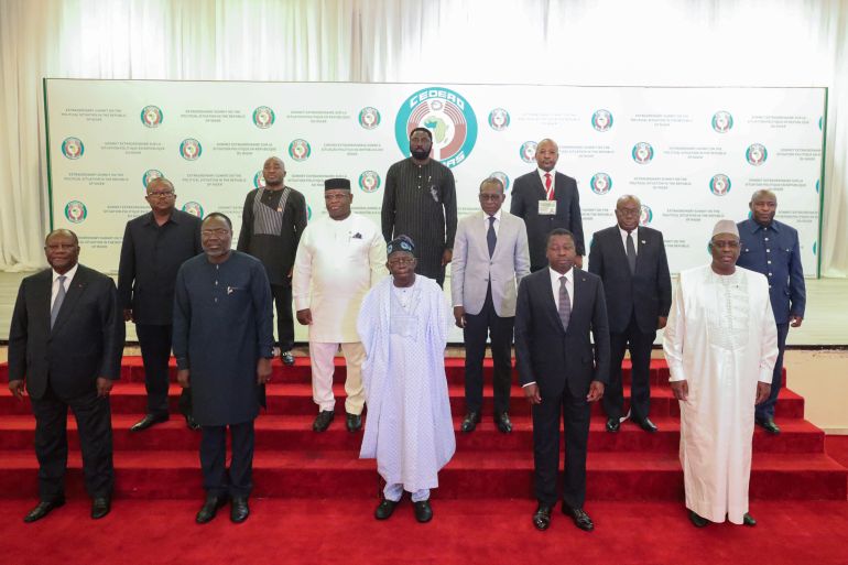 The President of Nigeria Bola Ahmed Tinubu, (C), and leaders of the Economic Community of West African States (Ecowas) meet to discuss the political situation in Niger
