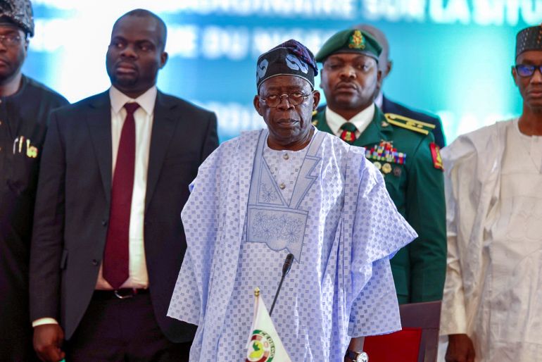 The President of Nigeria Bola Ahmed Tinubu, (C), and leaders of the Economic Community of West African States (Ecowas) meet to discuss the political situation in Niger, in Abuja, Nigeria