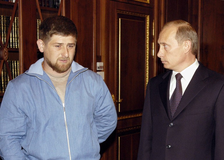 RUSSIAN PRESIDENT PUTIN AND RAMZAN KADYROV, THE HEAD OF THE CHECHEN PRESIDENT AKHMAD KADYROV'S SECURITY, MEET IN MOSCOW. Russian President Vladimir Putin (R) and Ramzan Kadyrov, the head of the Chechen President Akhmad Kadyrov's security, meet in Moscow, May 9, 2004. Moscow-backed Chechen President Akhmad Kadyrov, killed by a bomb in Chechnya on May 9, had been a top assassination target in the rebel region since he dumped the separatist cause to become eventually the region's pro-Russian administrator. REUTERS/ITAR-TASS/PRESIDENTIAL NEWS SERVICE REUTERS