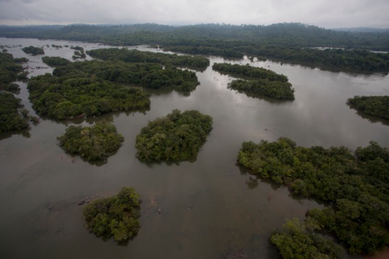 A view of the section of the Xingu River being flooded by the building of the Belo Monte hydroelectric dam, planned to be the world's third largest, in Pimental, near Altamira in Para state, November 23, 2013. The dam along the Xingu River in the Amazon rainforest is one of great controversy in Brazil, pitting environmentalists and native Indians against the government and companies involved in the project. Picture taken November 23, 2013.