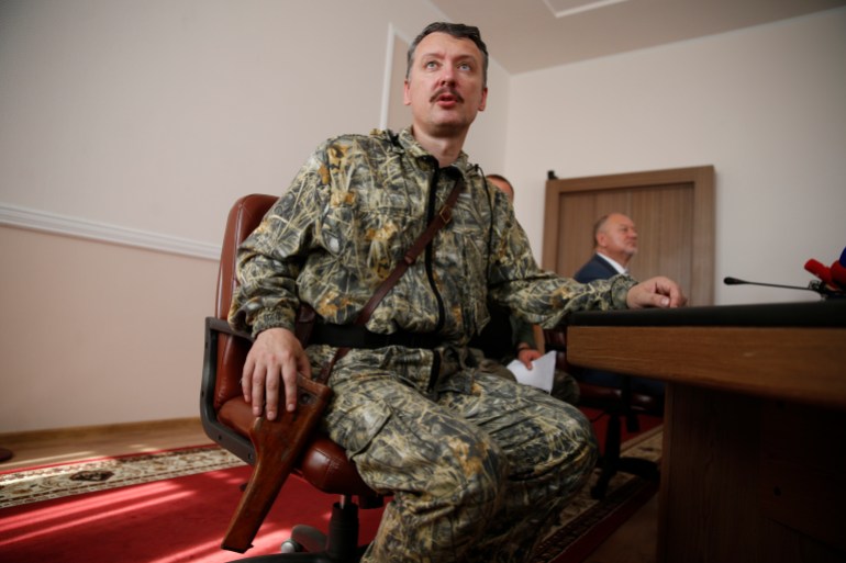 Pro-Russian separatist commander Igor Strelkov takes part in a news conference in the eastern Ukrainian city of Donetsk, July 10, 2014. Ukrainian forces regained more ground but sustained further casualties on Thursday in clashes with separatists, while two Western allies urged Russia's Vladimir Putin to exert more pressure on the rebels to find a negotiated end to the conflict. REUTERS/Maxim Zmeyev (UKRAINE - Tags: POLITICS CIVIL UNREST MILITARY CONFLICT)