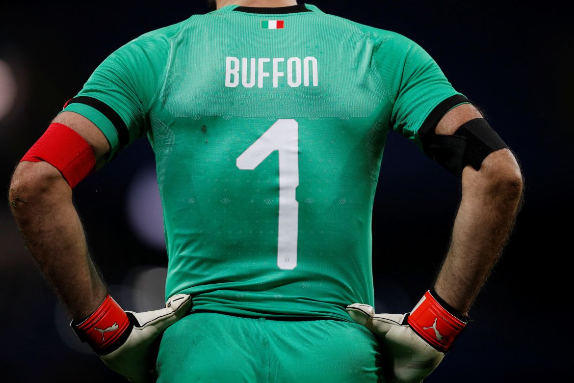 Italy’s Gianluigi Buffon showing back in jersey.