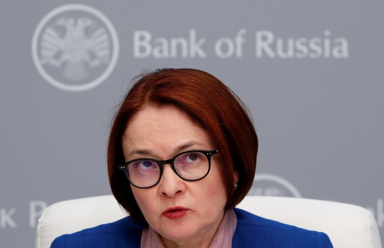 Elvira Nabiullina, Governor of Russian Central Bank, speaks during a news conference