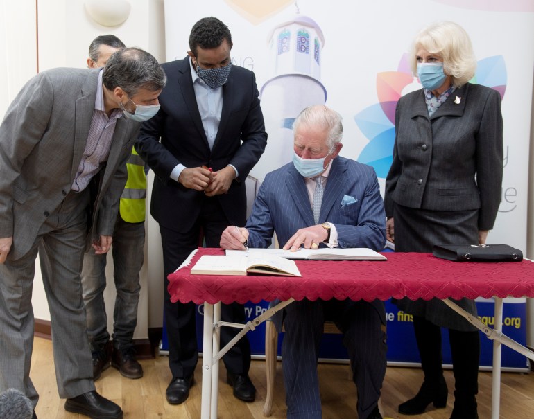 Britain's Prince Charles, Camilla, Duchess of Cornwall, visit a pop-up COVID-19 vaccination centre at the Finsbury Park Mosque