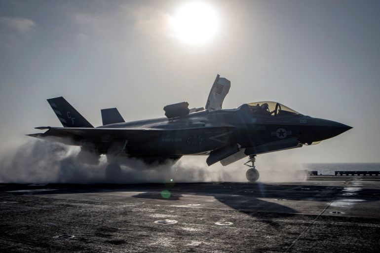 A F-35B Lightning II aircraft from the Marine Fighter Attack Squadron 211 launches from the deck aboard the amphibious assault ship USS Essex as part of the F-35B's first combat strike, against a Taliban target in Afghanistan, September 27, 2018. 
