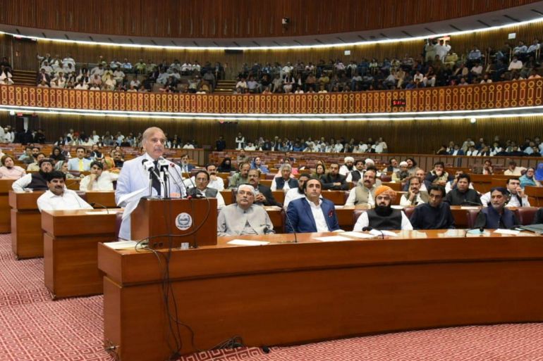Pakistan's prime minister-elect Shehbaz Sharif speaks after winning a parliamentary vote to elect a new prime minister, at the national assembly, in Islamabad