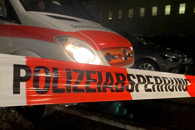 German police sealed the area at the scene of a hostage situation at a pharmacy in the western German city of Karlsruhe, Germany