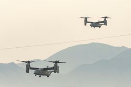 Two Osprey V-22 aircraft in the air during military exercises in the Philippines in April.