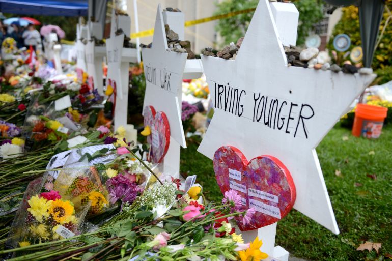 Flowers and other items left at a memorial for victims of the Tree of Life synagogue attack