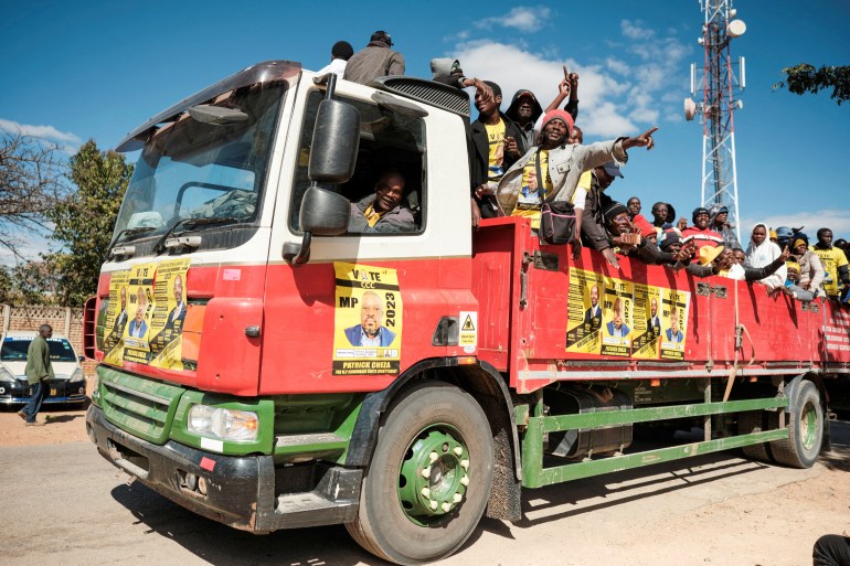 Supporters of Zimbabwe's main opposition party, the Citizens Coalition for Change (CCC) supporters, arrive at a rally to celebrate the launch of the their election campaign in Gweru, Zimbabwe
