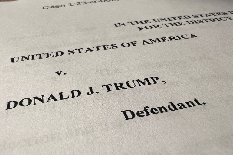The opening page of a federal indictment against former US President Donald Trump
