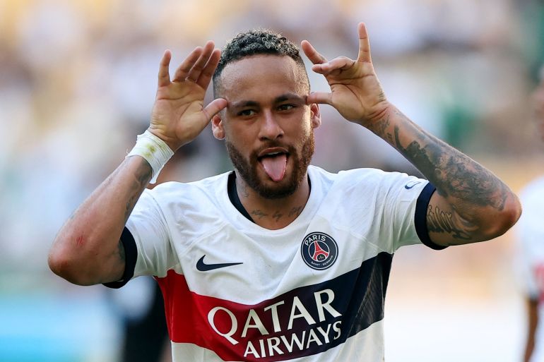 Neymar celebrates scoring for PSG