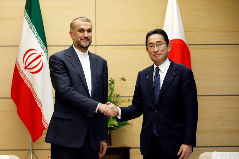 Iranian Foreign Minister Hossein Amirabdollahian meets with Japanese Prime Minister Fumio Kishida at Kishida's official residence in Tokyo, Japan August 7, 2023. REUTERS/Issei Kato/Pool