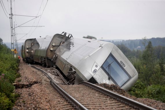 A view of passenger train which was carrying more than 100 passengers and derailed between Iggesund and Hudiksvall in Sweden