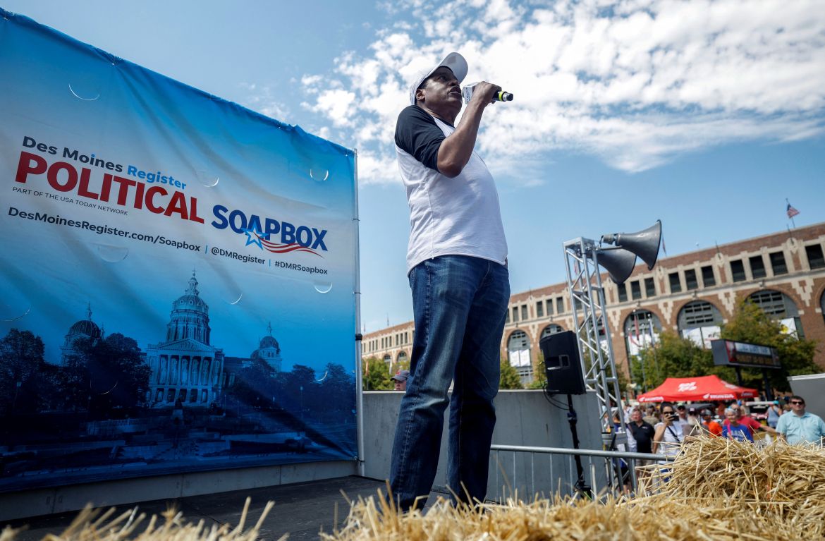 Republican U.S. presidential candidate Larry Elder, a former talk radio host, delivers his political soapbox speech as he campaigns for the 2024 Republican presidential nomination at the Iowa State Fair in Des Moines, Iowa, U.S. August 11, 2023.