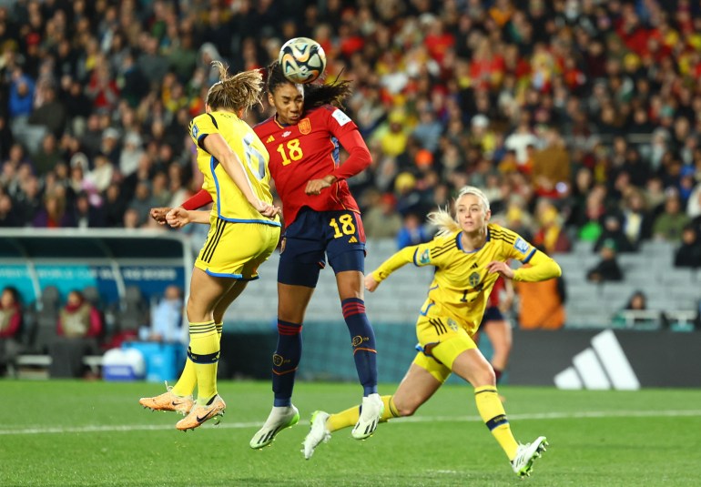 Sweden's Magdalena Eriksson in action as Spain's Salma Paralluelo heads at goal