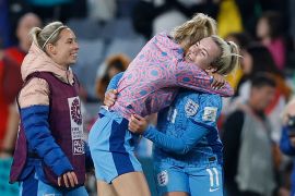 ngland's Lauren Hemp and Jordan Nobbs celebrate after the match as England progress to the final of the World Cup