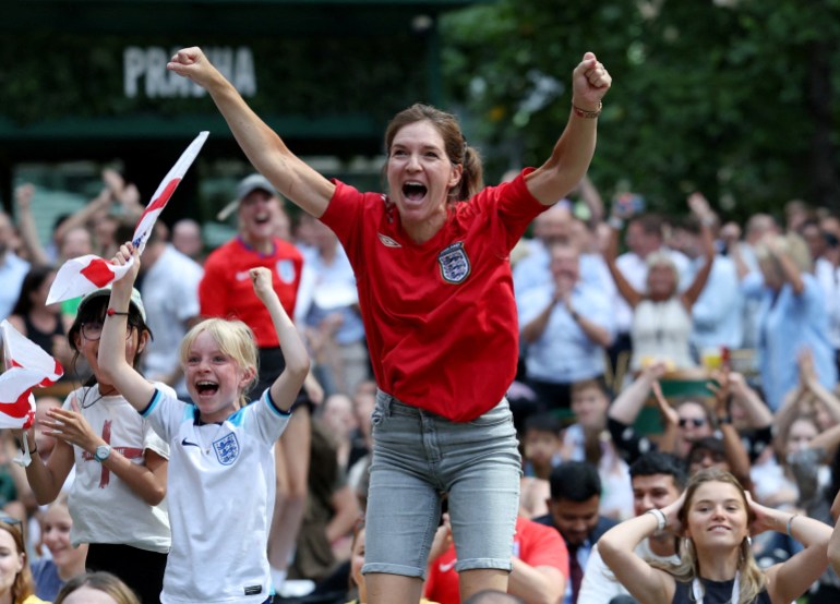 England fan Helen Mayhew celebrates after Alessia Russo scores