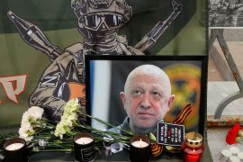 A view shows a portrait of Wagner mercenary chief Yevgeny Prigozhin at a makeshift memorial in Moscow, Russia August 24, 2023. REUTERS/Stringer