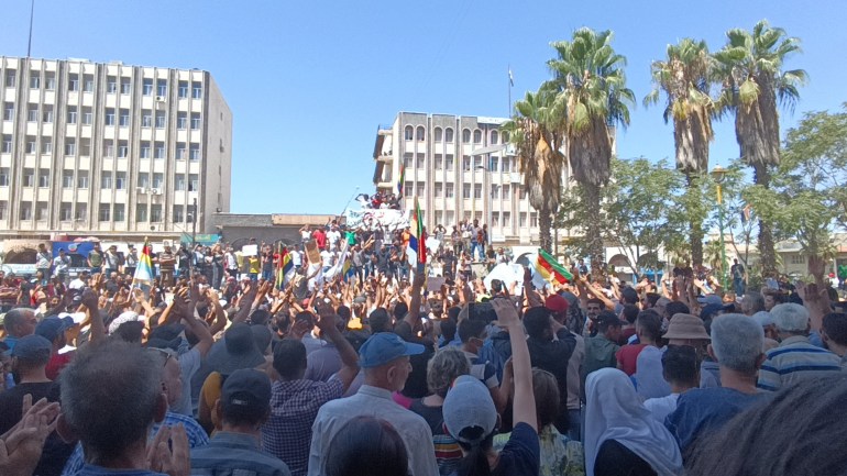 People protest against the latest decisions by Syrian government on increasing the prices of fuels in Sweida, Syria August 24, 2023 in this picture obtained from social media. Sweida 24/via REUTERS THIS IMAGE HAS BEEN SUPPLIED BY A THIRD PARTY. MANDATORY CREDIT. NO RESALES. NO ARCHIVES.