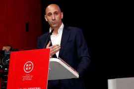 President of the Royal Spanish Football Federation Luis Rubiales announces he will be staying as president during a meeting