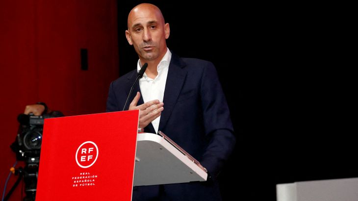 President of the Royal Spanish Football Federation Luis Rubiales announces he will be staying as president during a meeting
