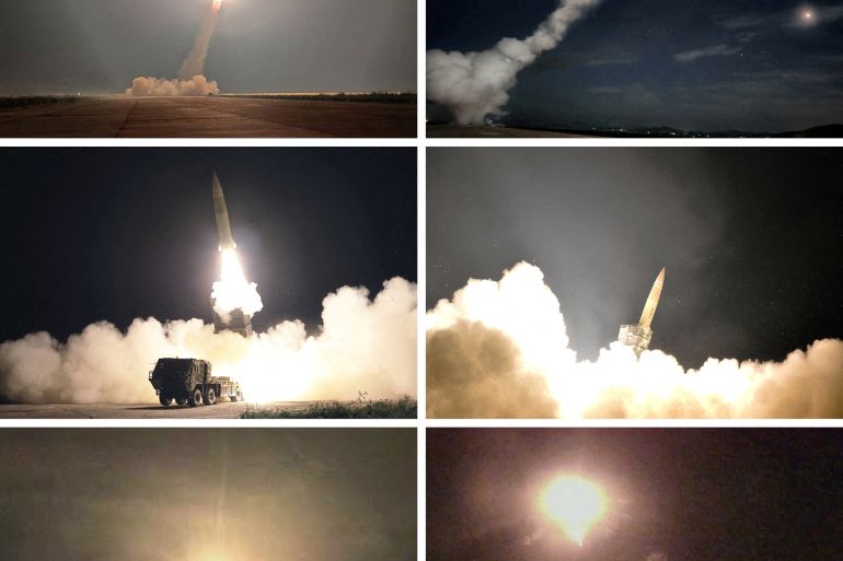A composite photo showing various missile launches from a site near Pyongyang. It is night time and the smoke and flames illuminate the sky