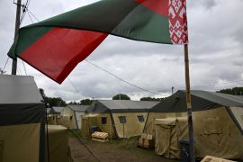 A view of a tent camp site that, according to Belarusian Defence Ministry officials, could be offered as one of the spots to house Wagner fighters, in the military settlement of Tsel in the Asipovichy District of the Mogilev Region in Belarus