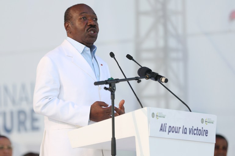 Gabon President Ali Bongo Ondimba delivers a speech at the Nzang Ayong stadium in Libreville on July 10, 2023, a day after he announced that he would seek a third term as the oil-rich African nation's head of state