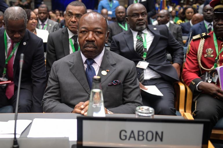 Gabon's President Ali Bongo Ondimba listens during the 5th mid-year coordination meeting of the African Union, at the United Nations (UN) offices in Gigiri, Nairobi, on July 16, 2023. (Photo by SIMON MAINA / AFP)