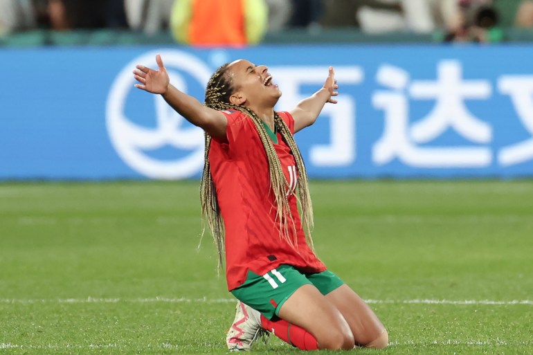 Morocco's forward #11 Fatima Tagnaout celebrates after the end of a game against Morocco