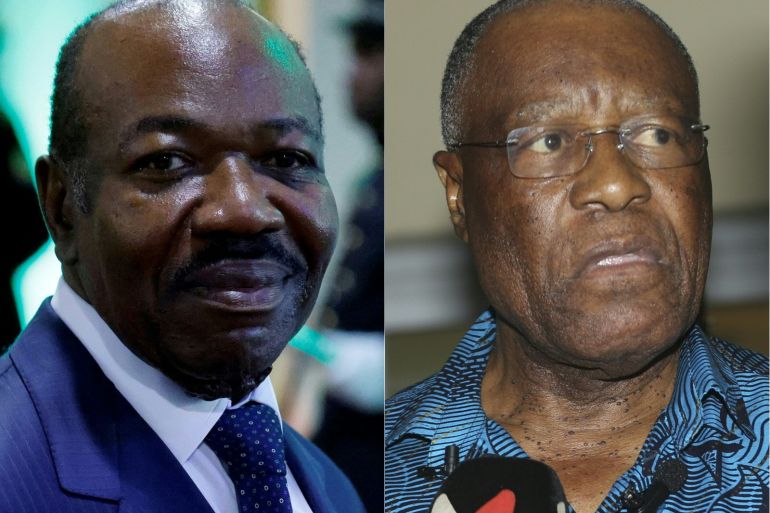 Gabon's President Ali Bongo Ondimba (L) looks on as he attends a bilateral meeting with French President at Presidential Palace in Libreville, on March 1, 2023 and Albert Ondo Ossa (R) nominated candidate for the Alternance 2023 opposition grouping in Gabon speaks to the media in Libreville