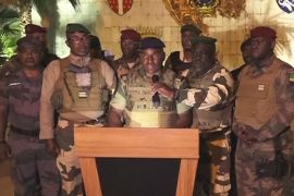 This video grab taken from Gabon 24 shows Gabonese soldiers appearing on television on August 30, 2023 to announce they were &#39;putting an end to the current regime&#39; and cancelling an election that, according to official results, President Ali Bongo Ondimba had won [Gabon 24/AFP photo]