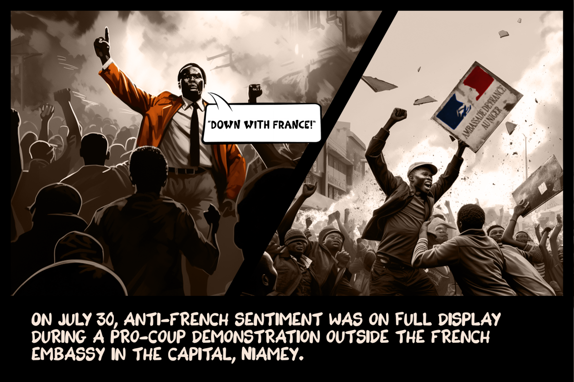 On July 30, anti-French sentiment was on full display during a pro-coup demonstration outside the French embassy in the capital, Niamey.