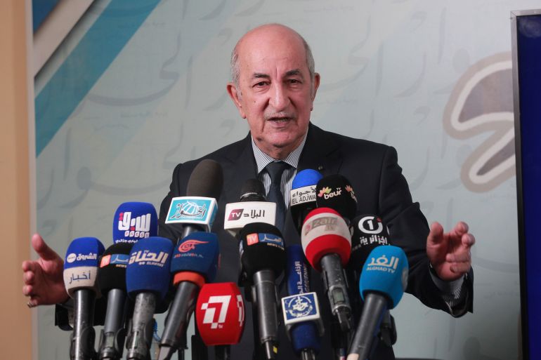 Presidential candidate for the upcoming Dec. 12, presidential election Abdelmajid Tebboune gives a press conference, in Algiers, Algeria, Sunday, 24, 2019. Algeria's presidential campaign is officially starting a week ago with five candidates vying to replace the longtime leader pushed out in April in an ongoing protest movement. (AP Photo/Fateh Guidoum)