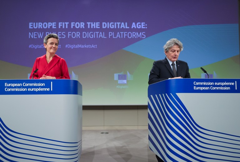 European Commissioner for Europe fit for the Digital Age Margrethe Vestager, left, and European Commissioner for Internal Market Thierry Breton during a news conference on Digital Services Act and the Digital Markets Act at the European Commission headquarters in Brussels