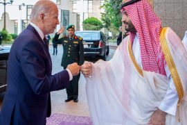 Saudi Crown Prince Mohammed bin Salman, right, greets President Joe Biden with a fist bump after his arrival at Al-Salam palace in Jeddah, Saudi Arabia, July 15, 2022. (Bandar Aljaloud/Saudi Royal Palace via AP, File)