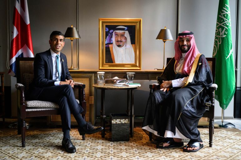 Britain's Prime Minister Rishi Sunak, left, and Crown Prince Mohammed bin Salman