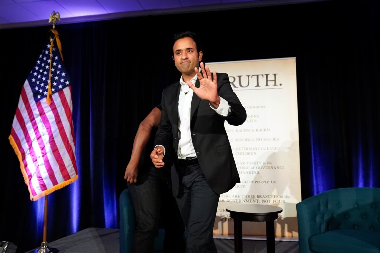 Republican presidential candidate businessman Vivek Ramaswamy waves after speaking at an event in St. Clair Shores, Mich., Monday, Aug. 14, 2023.