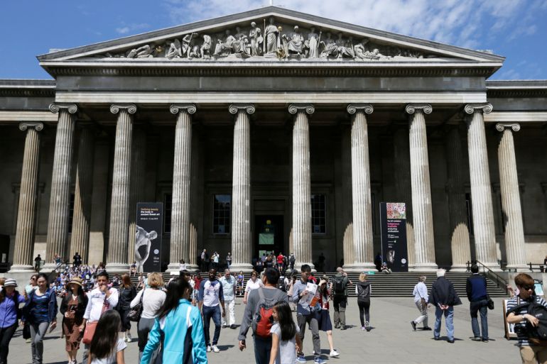 FILE - Visitors walk outside the British Museum in Bloomsbury, London, Friday, June 26, 2015. The British Museum said a member of staff has been dismissed after items were found to be missing, stolen or damaged. The museum said Wednesday, Aug. 16, 2023 it has also ordered an independent review or security and ordered kickstart a ‘'vigorous program to recover the missing items.'' (AP Photo/Tim Ireland, File)