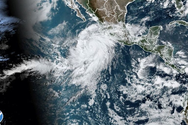 A satellite image shows Hurricane Hilary off the coast of Mexico on Thursday.