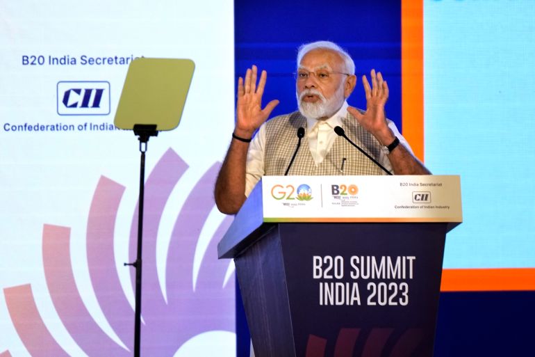 Indian Prime Minister Narendra Modi speaks at a special session of the Business 20 or B20 Summit